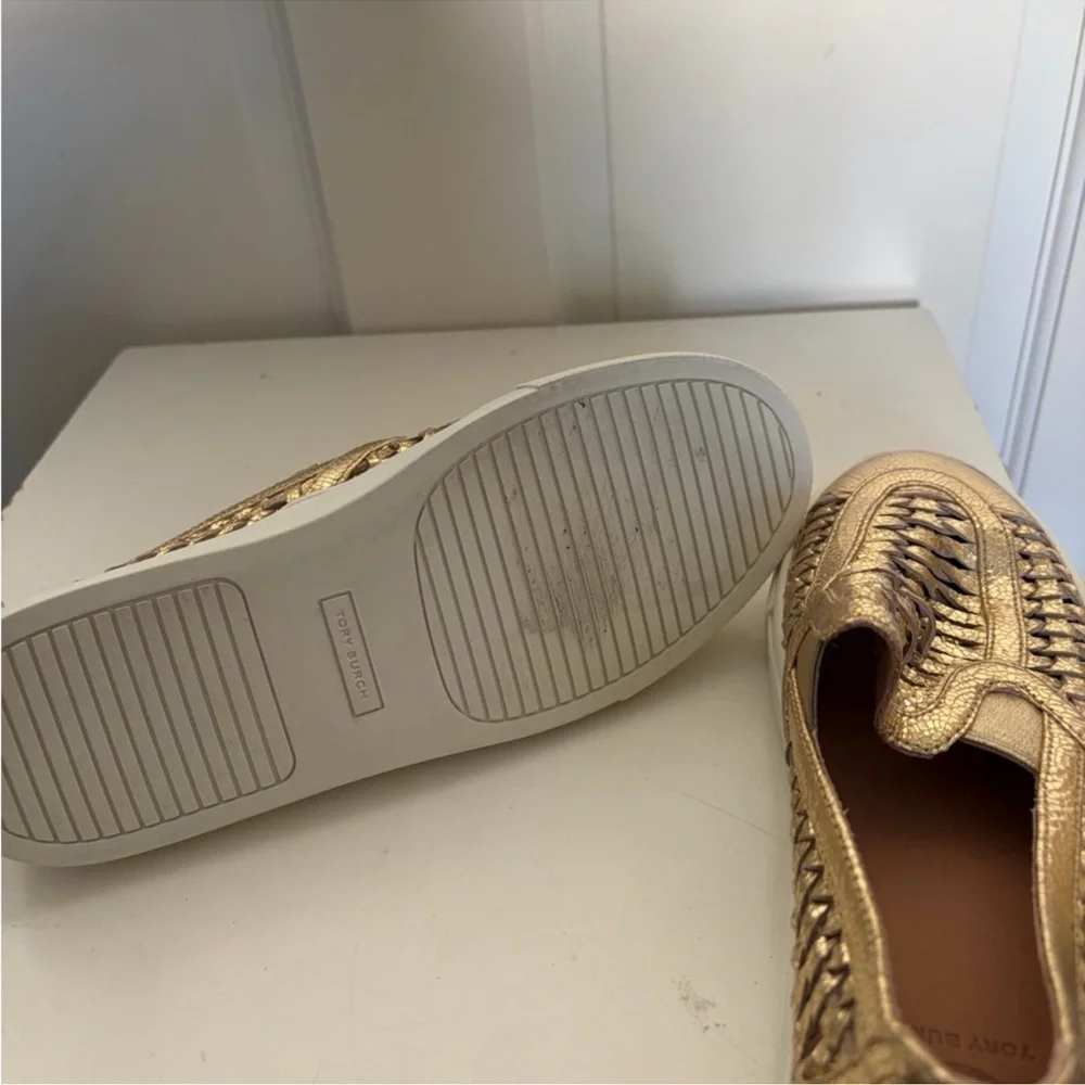 Tory Burch Metallic Gold Woven Slip-On Sneakers